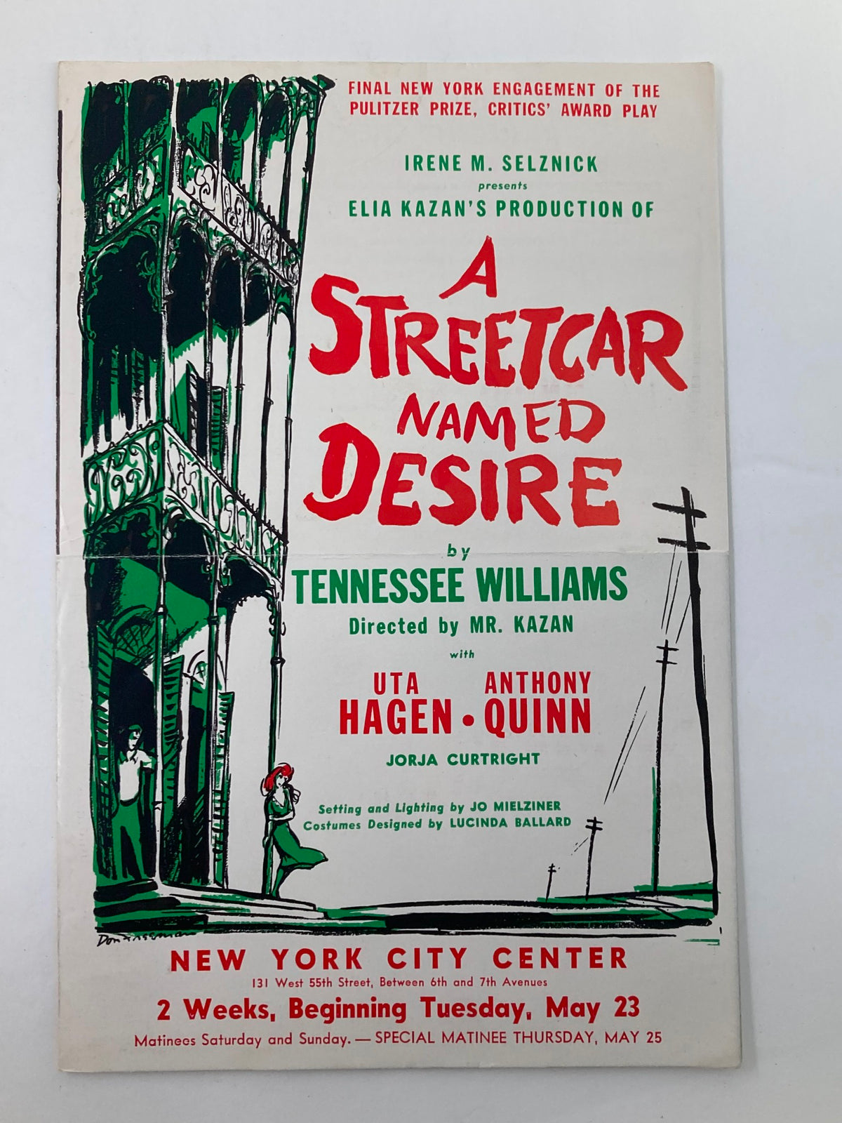 Cover of the 1951 program titled 'A Streetcar Named Desire' featuring Uta Hagen, showcasing the artwork and details of the production at New York City Center.