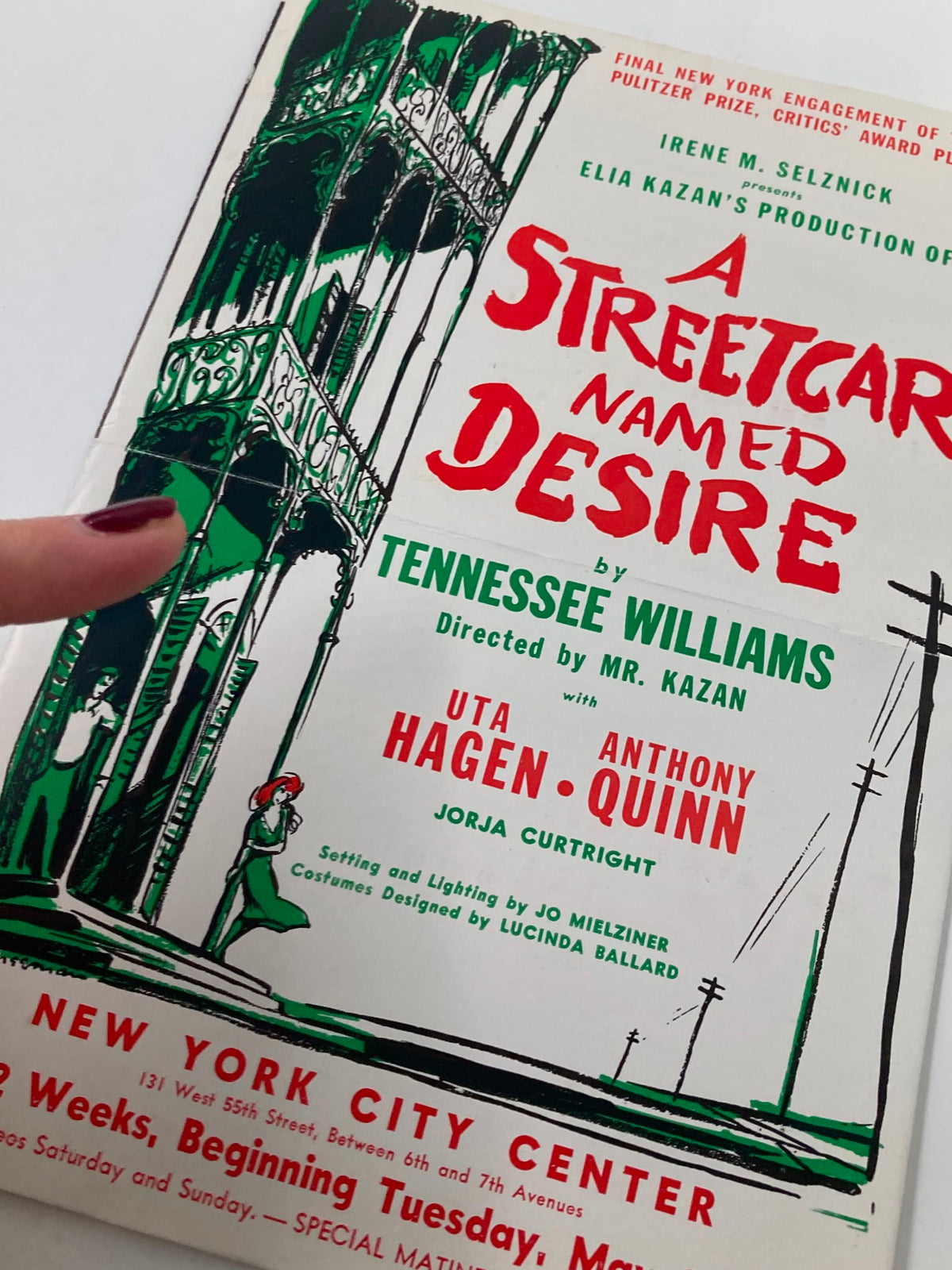Close-up of the 1951 program for 'A Streetcar Named Desire' highlighting the title and key details of the production featuring Uta Hagen.