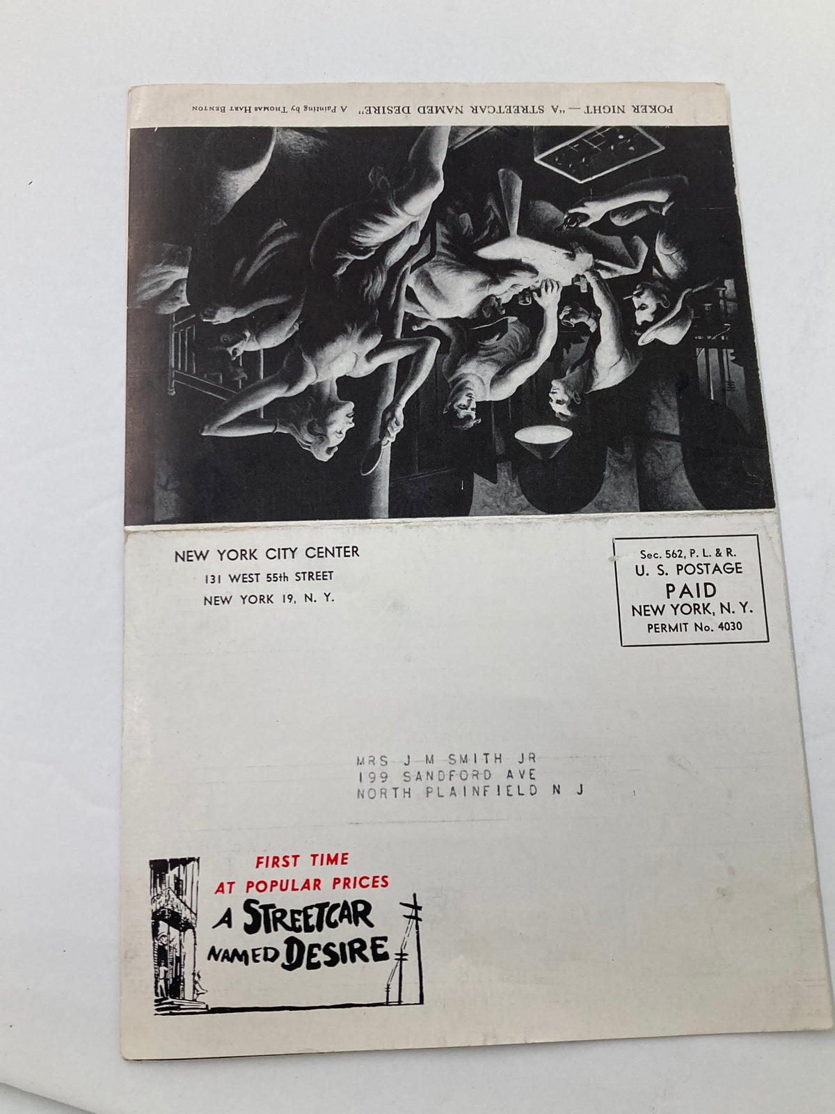 Back cover of the 1951 program for 'A Streetcar Named Desire', detailing postage information and promotional graphics related to the show.