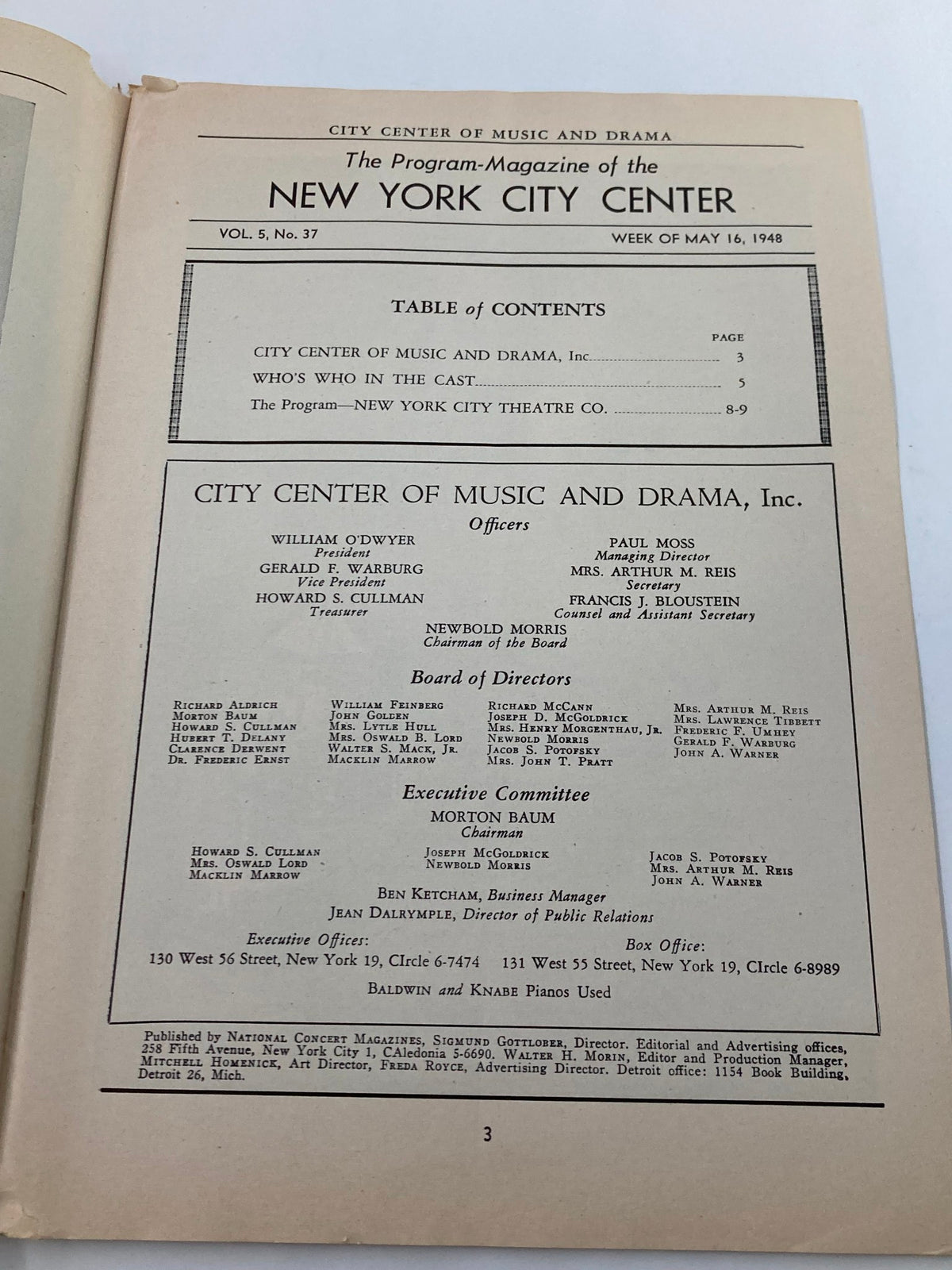 Inside page of 1948 Program Magazine New York City Center displaying the table of contents and list of key personnel involved in the productions.