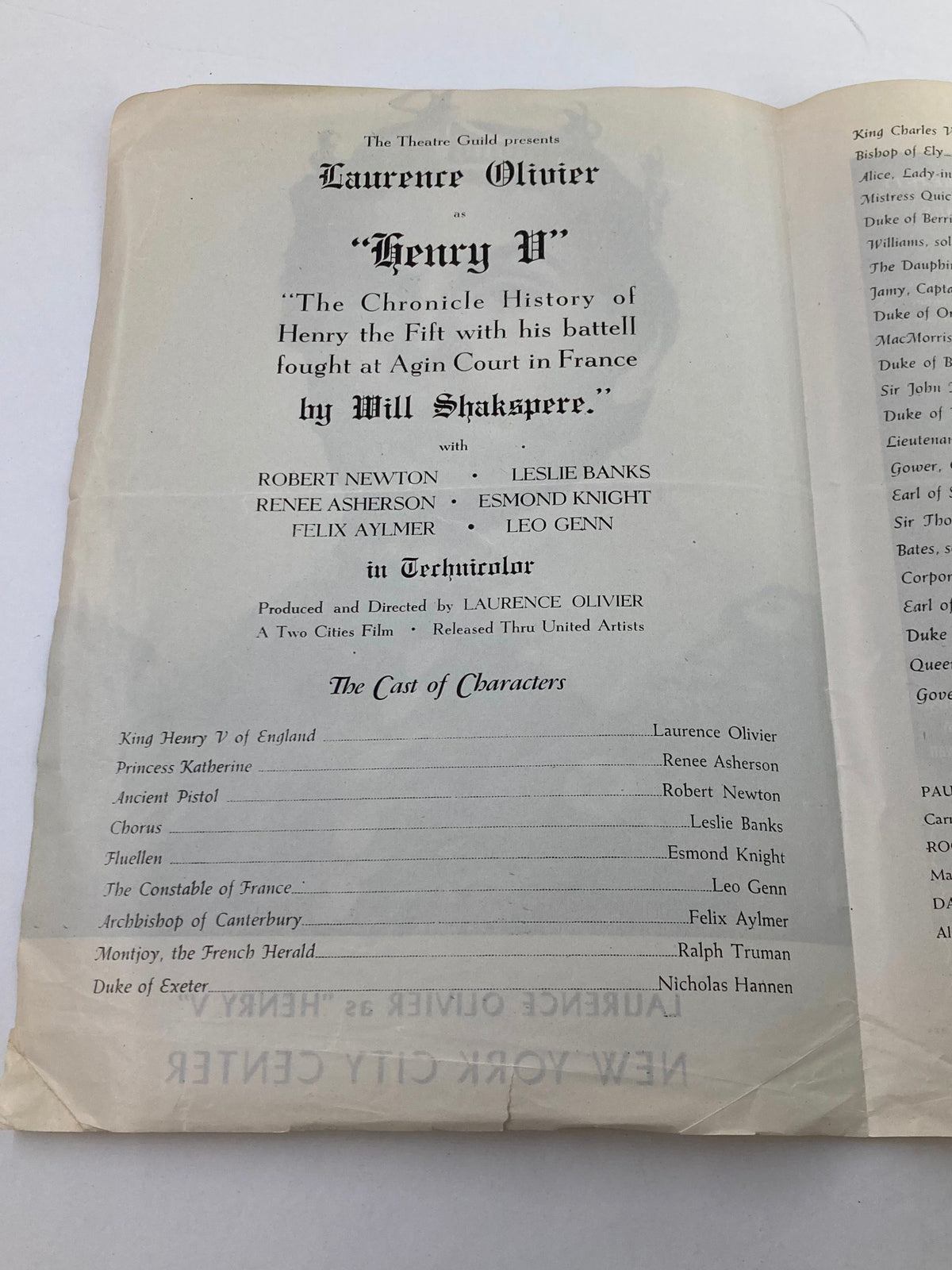 Interior page of the 1947 Program for Henry V at New York City Center, listing cast and character details including Laurence Olivier as Henry V.