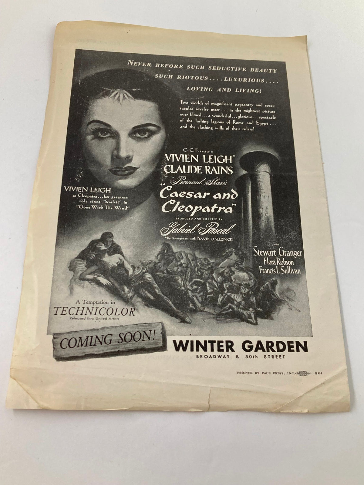 Advertisement for the film 'Caesar and Cleopatra' starring Vivien Leigh, featured in the 1947 program for 'Henry V' by Laurence Olivier.
