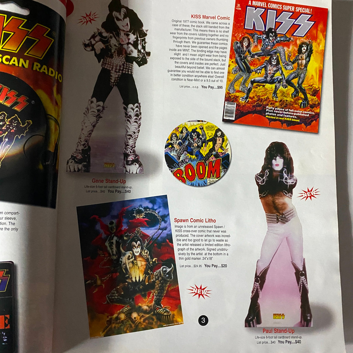 Image from the Summer 2004 KISS Museum.com Catalog showcasing collectible KISS memorabilia including a Gene stand-up figure, KISS Marvel comic, and Spawn Comic lithograph.