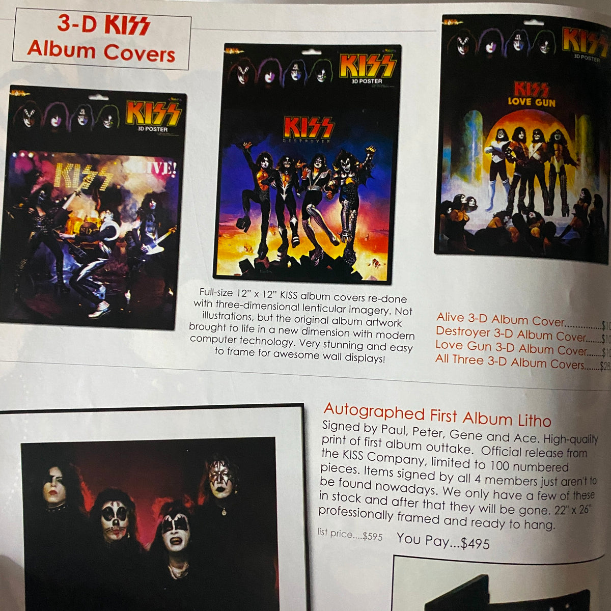 Interior page from KISS Museum.com Catalog 2006 showcasing 3-D album covers including "Alive," "Destroyer," and "Love Gun," highlighting exclusive memorabilia.