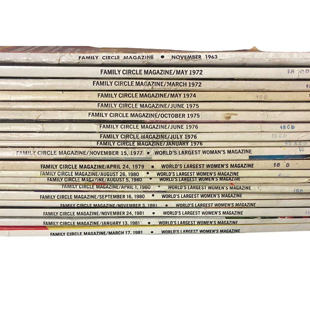 Spine view of vintage Family Circle Magazine collection from 1963, 1972 and various issues, highlighting publication dates and nostalgic value.