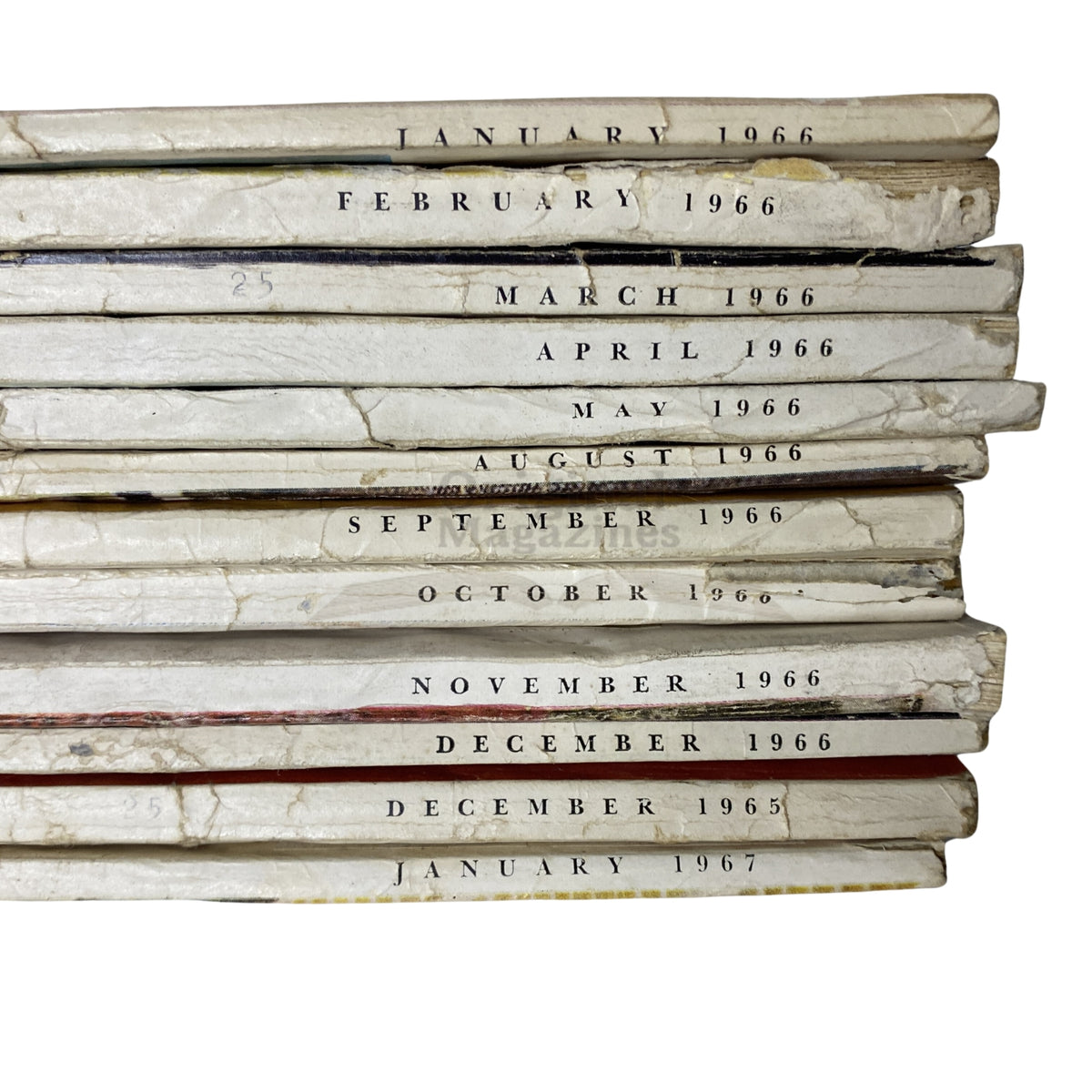 Spines of 12 vintage McCall's magazines featuring publication dates from December 1965 to January 1967, highlighting 1960s trends.