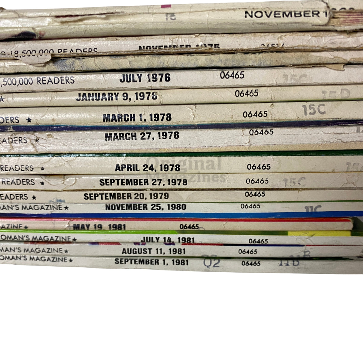 Stack of Woman's Day magazines displaying publication dates from the 1970s and early 1980s, highlighting the evolution of women's interests over time.