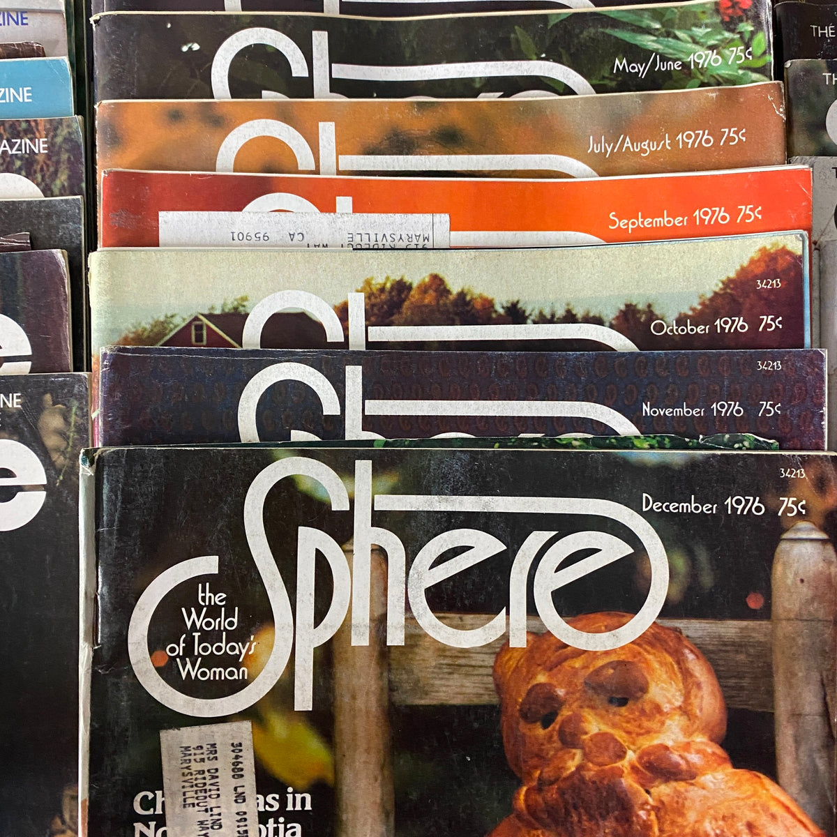 Cover pages of several Betty Crocker Sphere magazines from May 1976 to December 1976, showcasing vibrant vintage designs, as part of a lot of 61 Betty Crocker Sphere Magazine January - December 1972 - 1978.