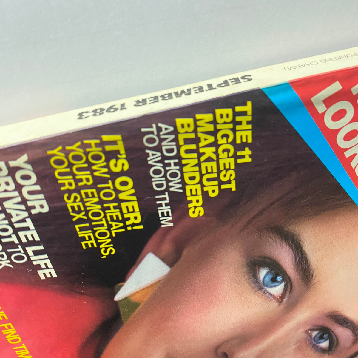 Cover of Glamour Magazine September 1983 showcasing striking makeup tips and advice, featuring the headline on the right about makeup blunders and relationship guidance.