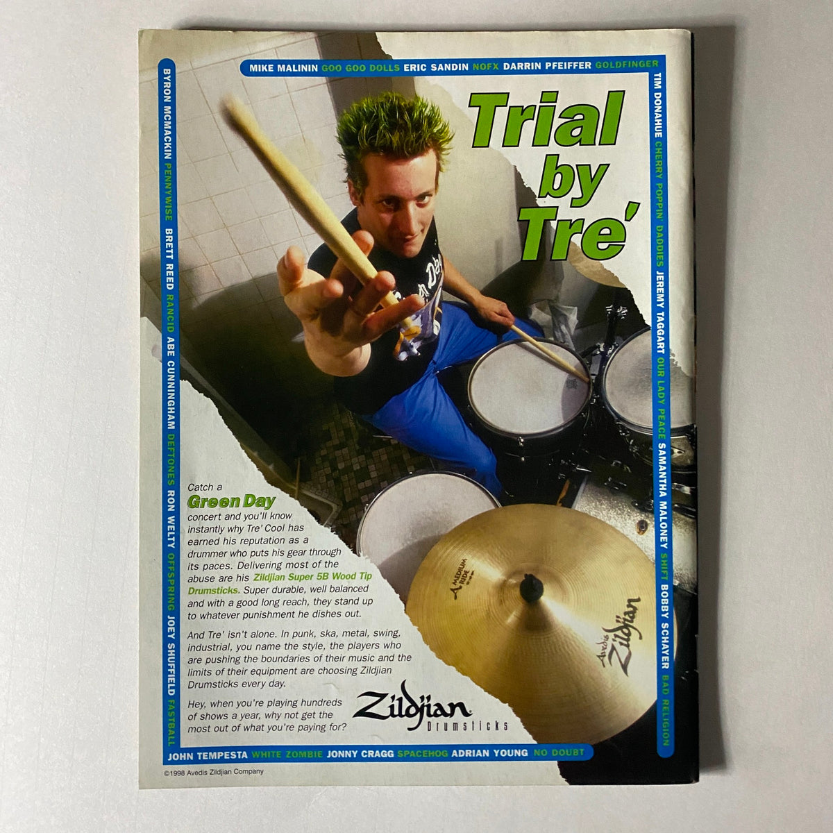 Advertisement for Zildjian drumsticks in Hit Parader Magazine November 1998, emphasizing the drummer Tre' Cool from Green Day.
