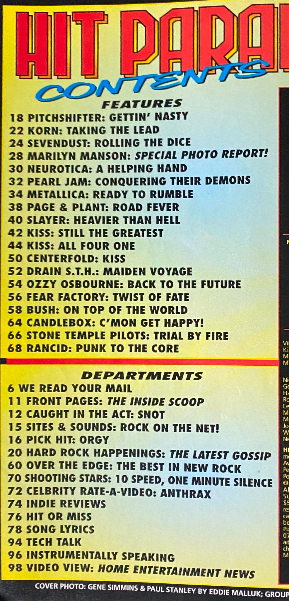 Table of contents from Hit Parader Magazine, November 1998, featuring notable bands such as Kiss, Korn, and Pearl Jam.