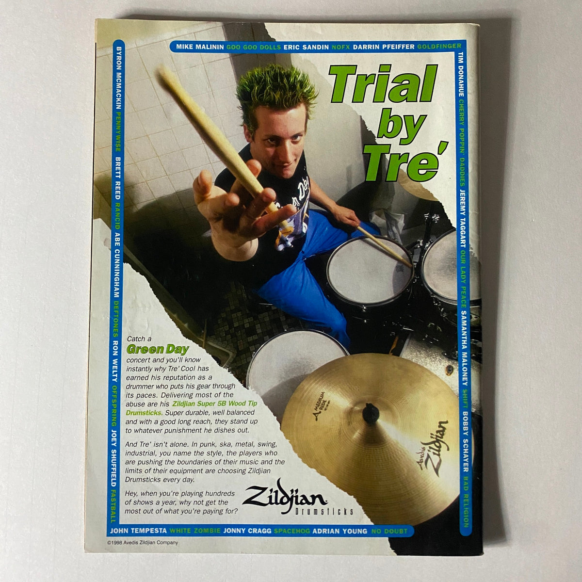 Advertisement page for Zildjian drumsticks featuring Tre Cool from Green Day, featured in the November 1998 issue of Hit Parader Magazine.
