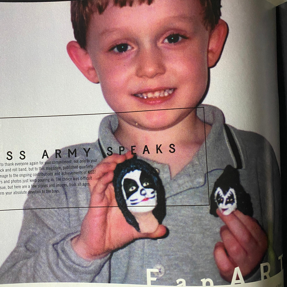 1999 Todd McFarlane Presents Kiss Psycho Circus magazine showcasing a young fan holding painted KISS character figurines with a focus on KISS Army Speaks section.