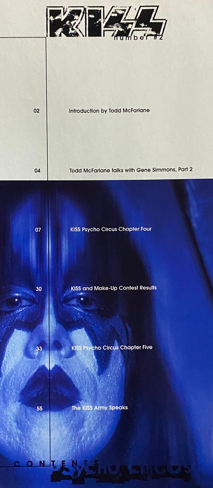 Table of contents of 1999 Todd McFarlane Presents Vol 2 Kiss Psycho Circus, featuring chapter introductions and updates on the band KISS.