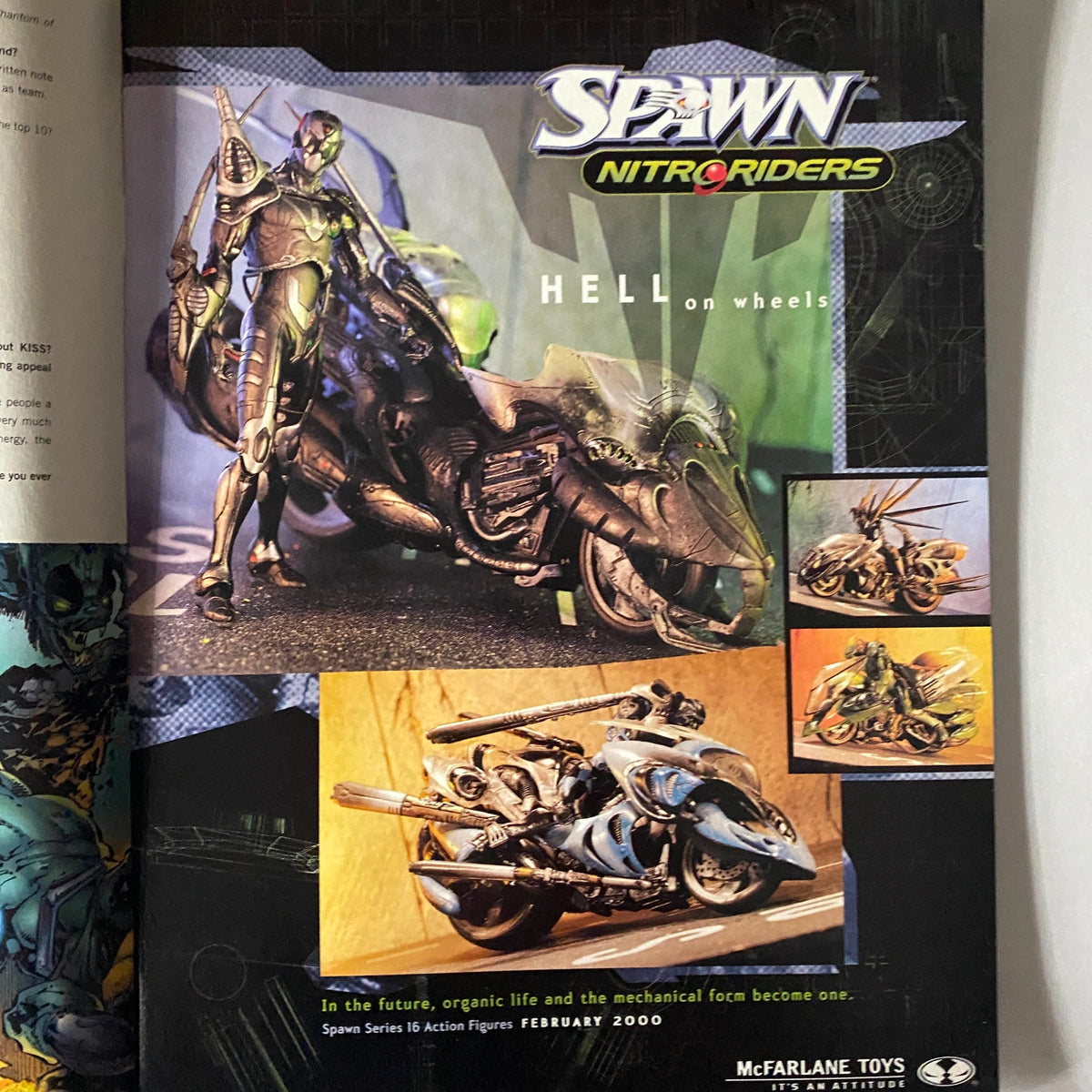 Promotional page for McFarlane Toys featuring 'Spawn Nitrod Riders' from 'Todd McFarlane Presents KISS Psycho Circus Volume 5'.