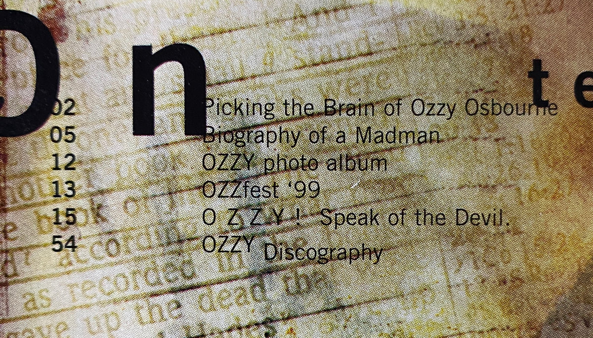 Table of contents highlighting featured articles such as 'Picking the Brain of Ozzy Osbourne,' 'Biography of a Madman,' and 'Ozzfest '99' from the 1999 Todd McFarlane Presents Vol 1 Ozzy Osbourne magazine.