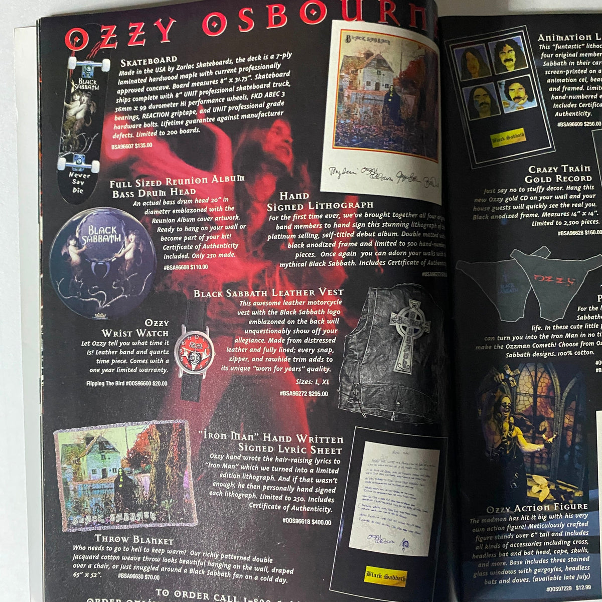 Display of collectible Ozzy Osbourne merchandise with prices, including a skateboard, wristwatch, and signed lithograph, from the 1999 Todd McFarlane Presents Vol 1 Ozzy Osbourne magazine.