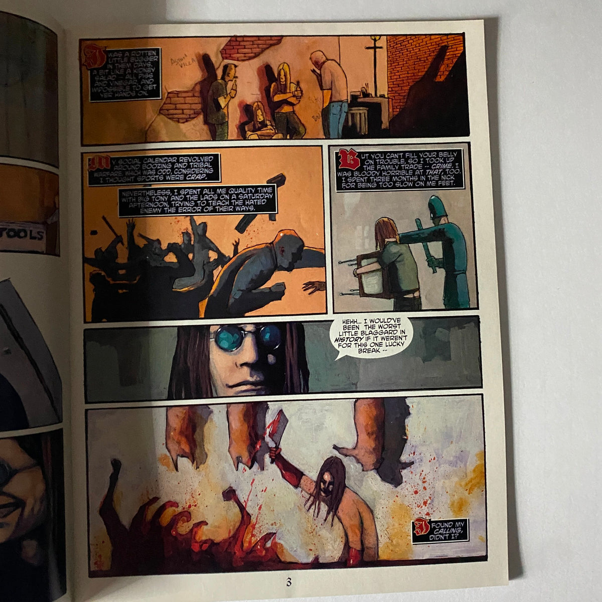 Comic-style artwork featuring Ozzy Osbourne in a narrative scene, showcasing the unique illustration style from the 1999 Todd McFarlane Presents Vol 1 Ozzy Osbourne magazine.