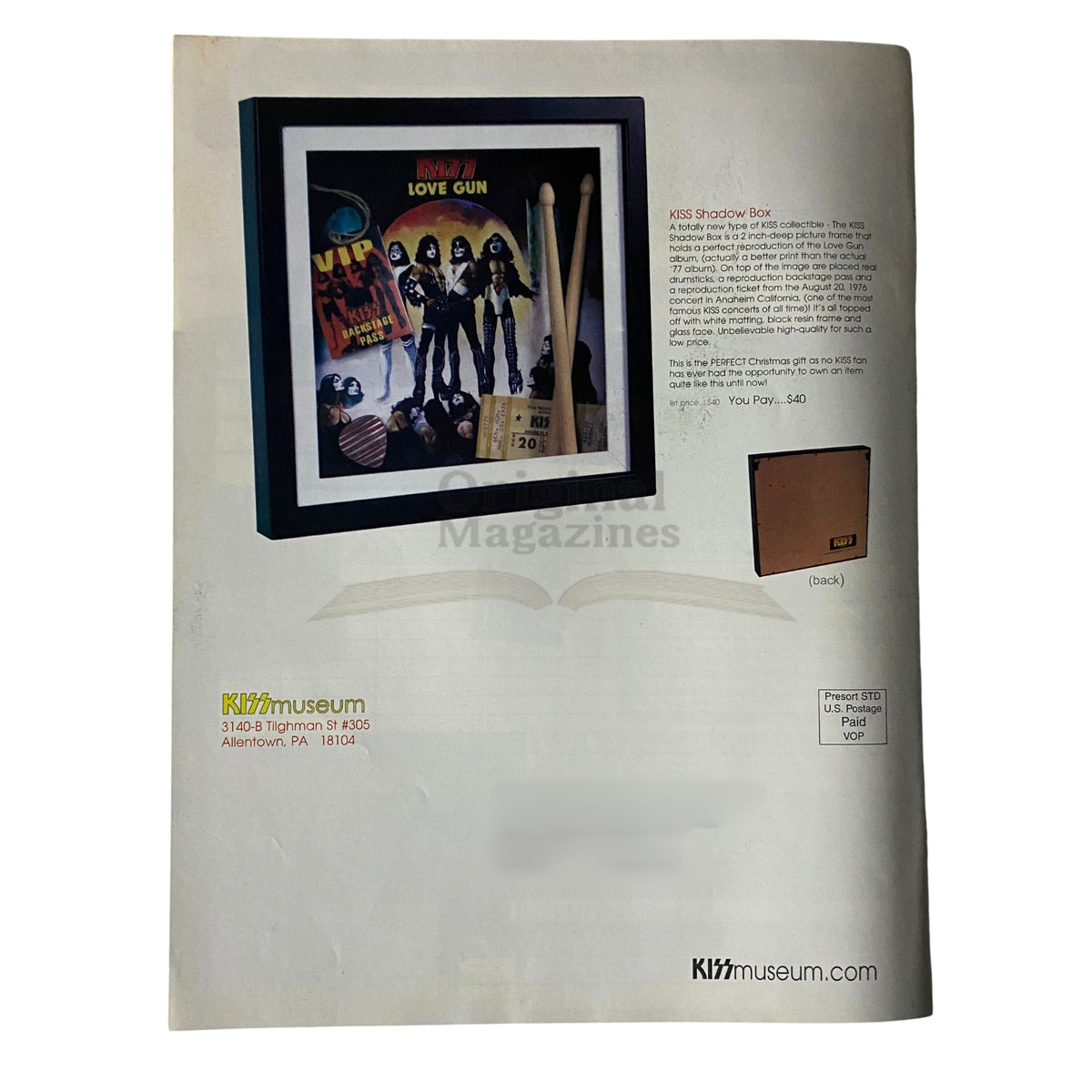 KISS Museum.com Catalog Winter 2007 featuring a framed KISS memorabilia shadowbox with band images and drumsticks. Explore iconic collectibles showcasing KISS's legacy.