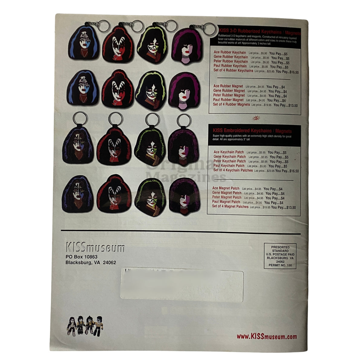 KISS Museum.com Catalog Christmas 2002 page featuring KISS keychains and patches available for purchase.