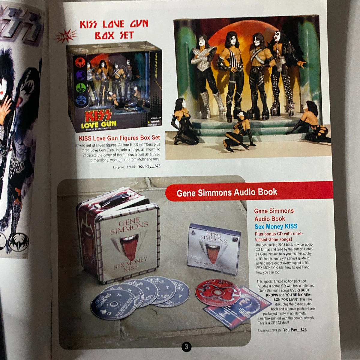 Page from the KISS Museum.com Catalog 2005 displaying the KISS Love Gun Figures Box Set and Gene Simmons Audiobook, highlighting collectible items.