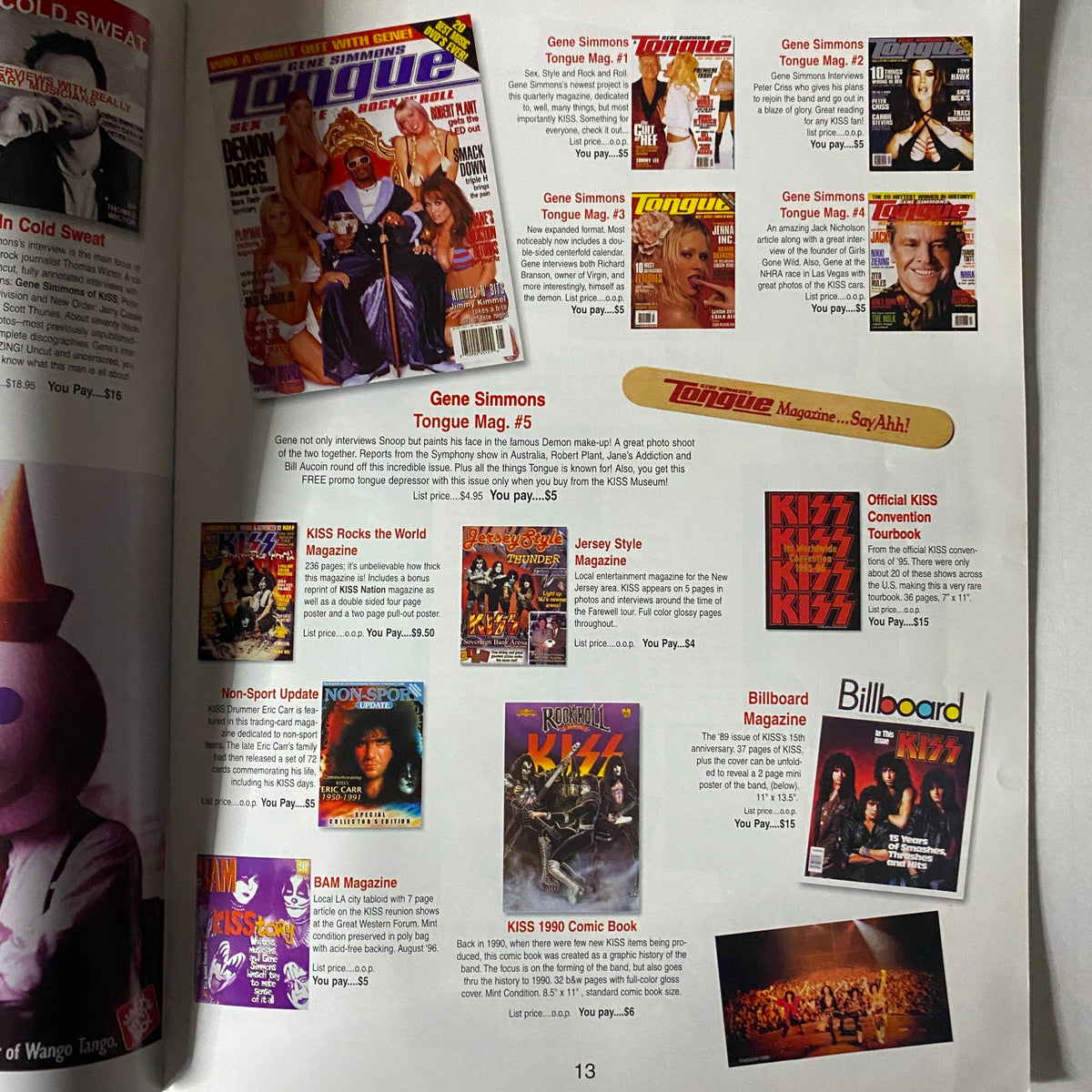 Interior page of the KISS Museum.com Catalog Fall 2003 illustrating various KISS merchandise, including Gene Simmons' Tongue Magazine and collectibles.