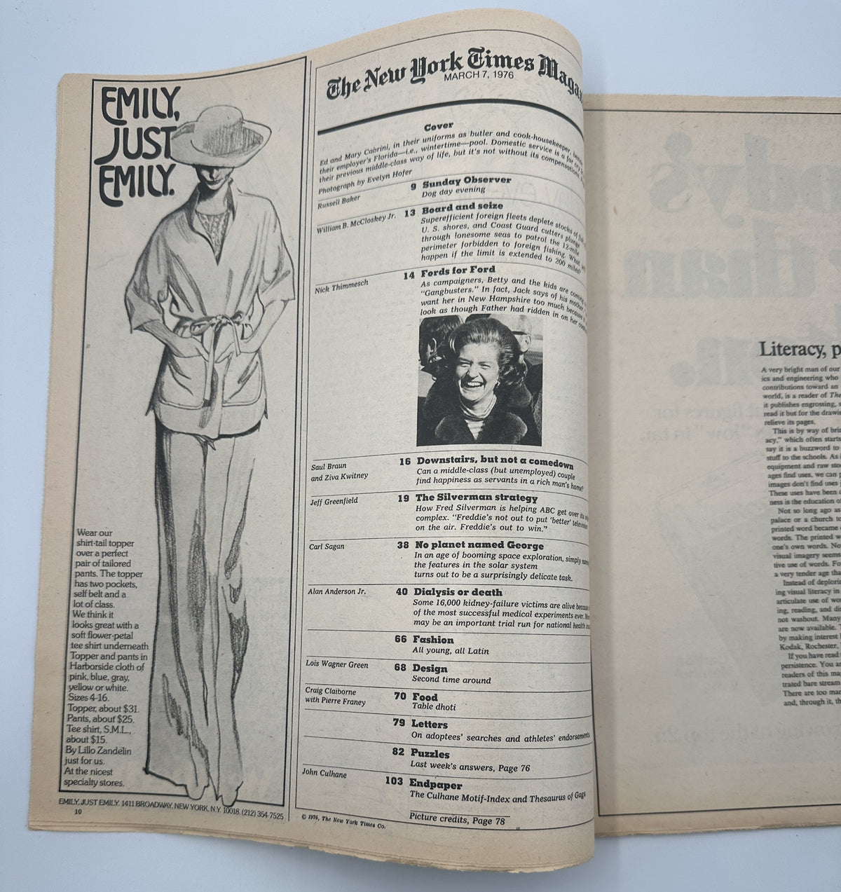 Cover page of The New York Times Magazine March 7, 1976 featuring a fashion illustration titled 'EMILY, JUST EMILY' alongside the Table of Contents.
