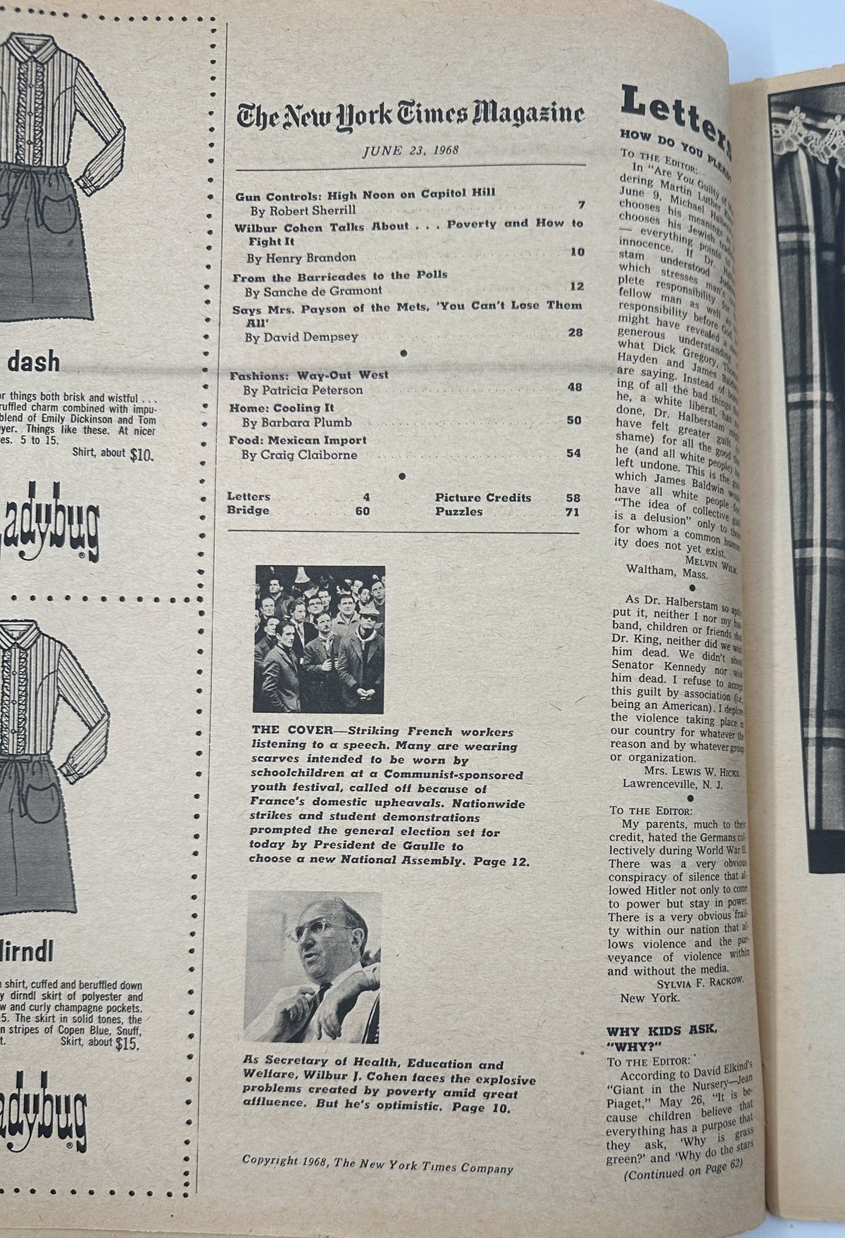Inside page of The New York Times Magazine June 23, 1968, detailing various articles including 'Gun Controls: High Noon on Capitol Hill' and 'Says Mrs. Payson of the Mets, ‘You Can’t Lose Them All’', complete with a mention of the striking cover on French protests.