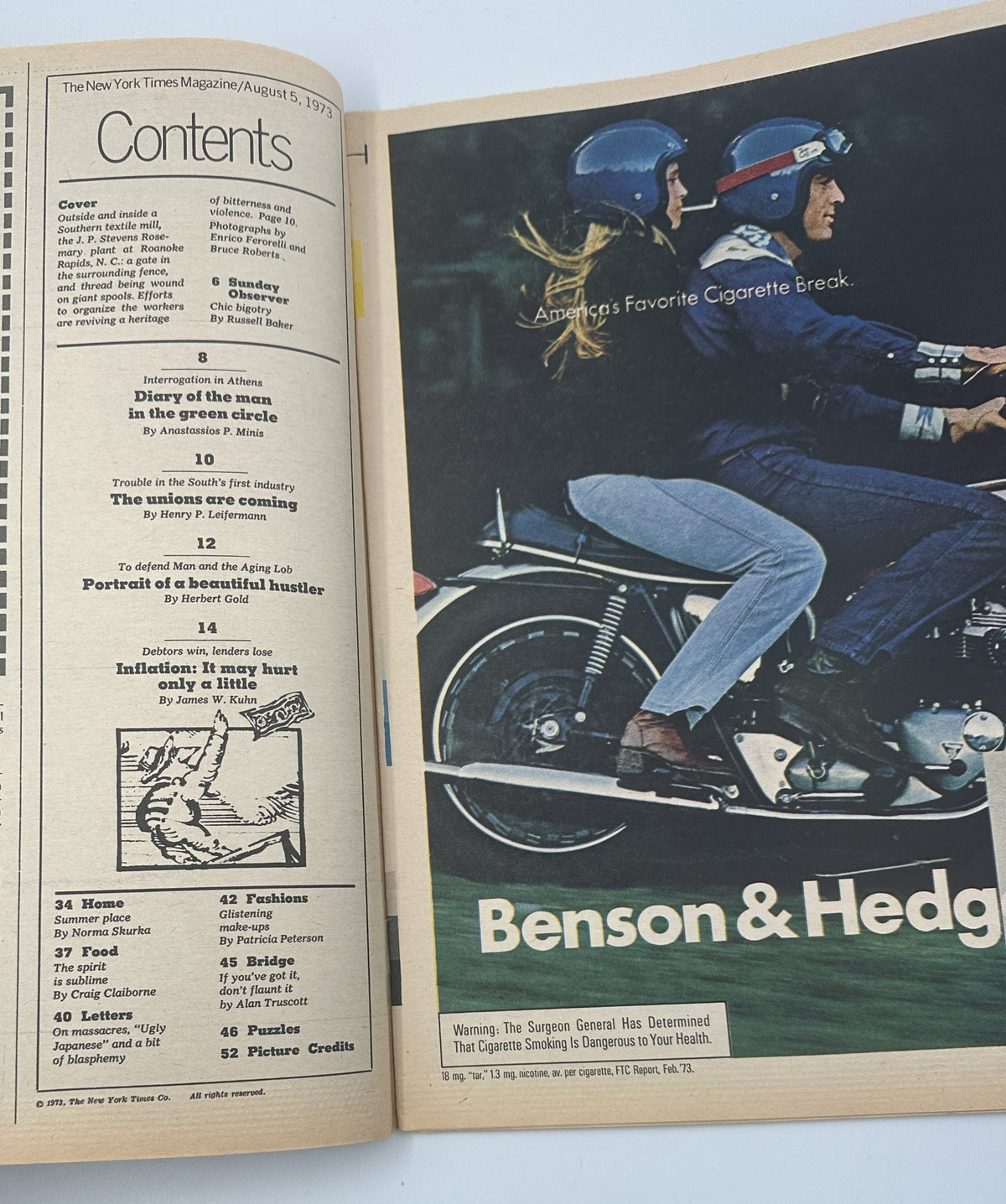Table of contents page from The New York Times Magazine, August 5, 1973, displaying articles including 'Diary of the man in the green circle' and 'Trouble in the South’s first industry'.