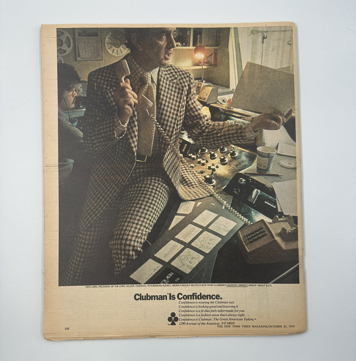 Back cover of The New York Times Magazine from October 21, 1973, featuring an advertisement for Clubman, showcasing a man in a plaid suit, reflecting confidence and style.