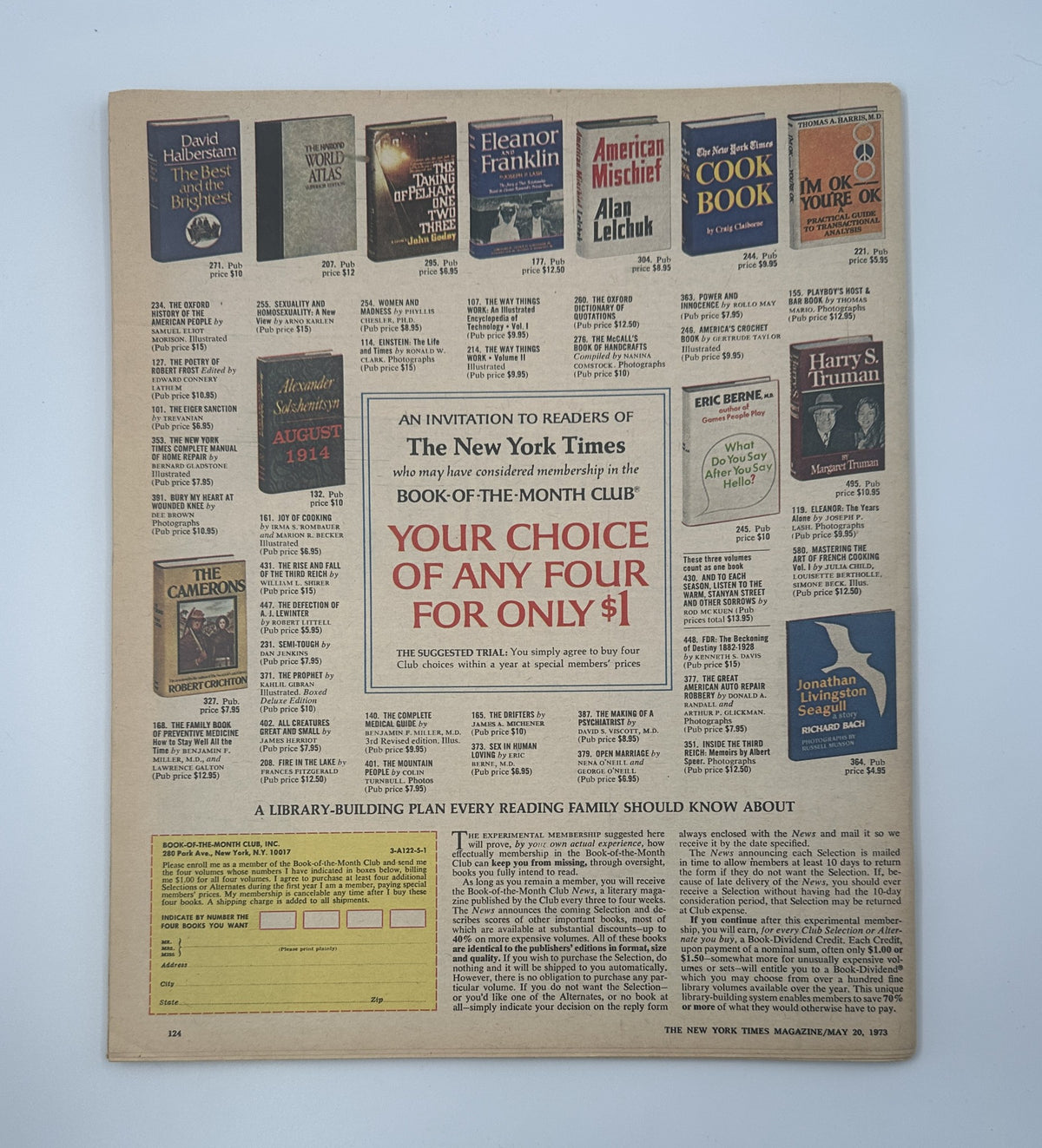 Back cover of The New York Times Magazine from May 20, 1973 featuring advertisements and a promotional offer. Title: The New York Times Magazine May 20, 1973 Picasso The Final Period Cover VG.