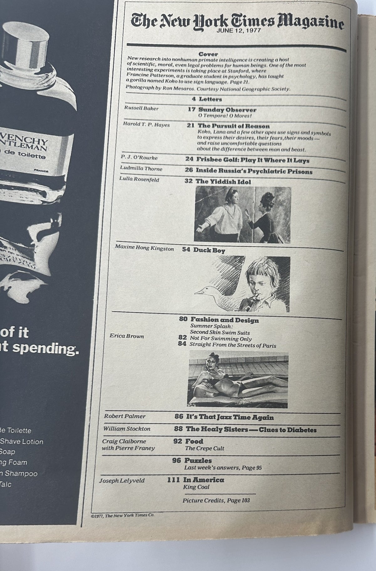 Table of contents from The New York Times Magazine June 12, 1977, featuring articles including the cover story on Koko the gorilla and topics like 'Frisbee Golf' and 'Inside Russia’s Psychiatric Prisons'.