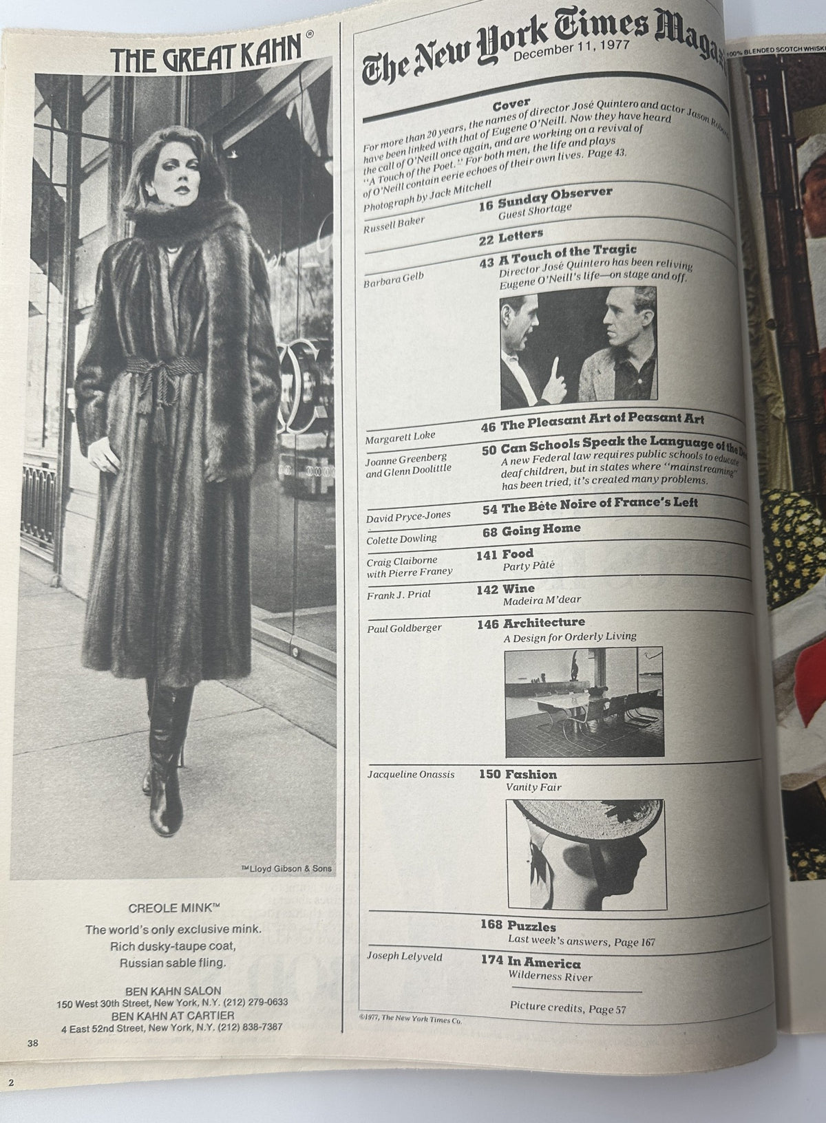 Page 2 of The New York Times Magazine December 11, 1977 displaying the Table of Contents. Highlights include a feature on José Quintero and Eugene O’Neill, along with other articles such as 'Sunday Observer' and 'The Pleasant Art of Peasant Art'.