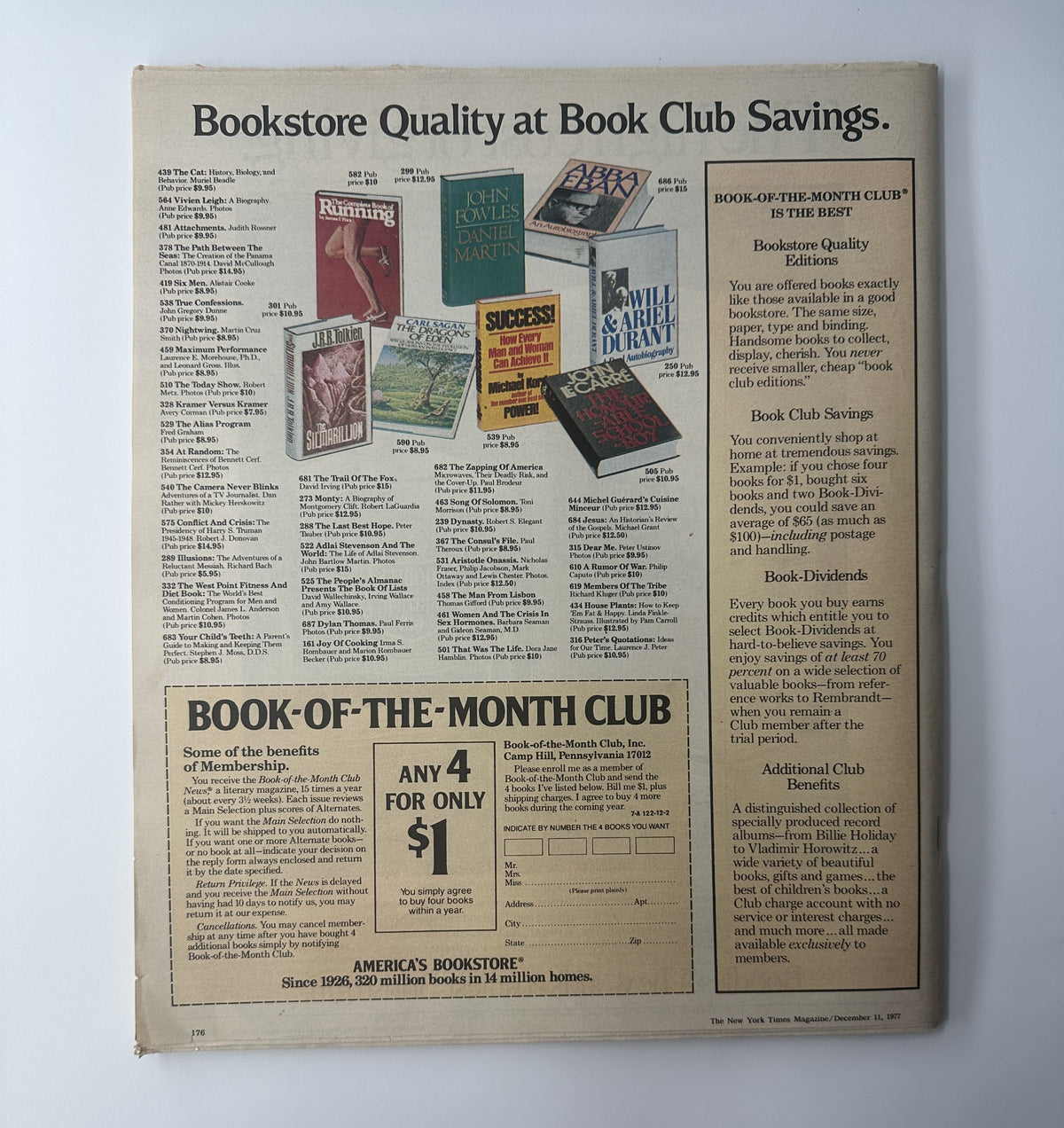 Back cover of The New York Times Magazine December 11, 1977 promoting Book Club savings with various book recommendations. It emphasizes bookstore quality and features a variety of titles available for club members.