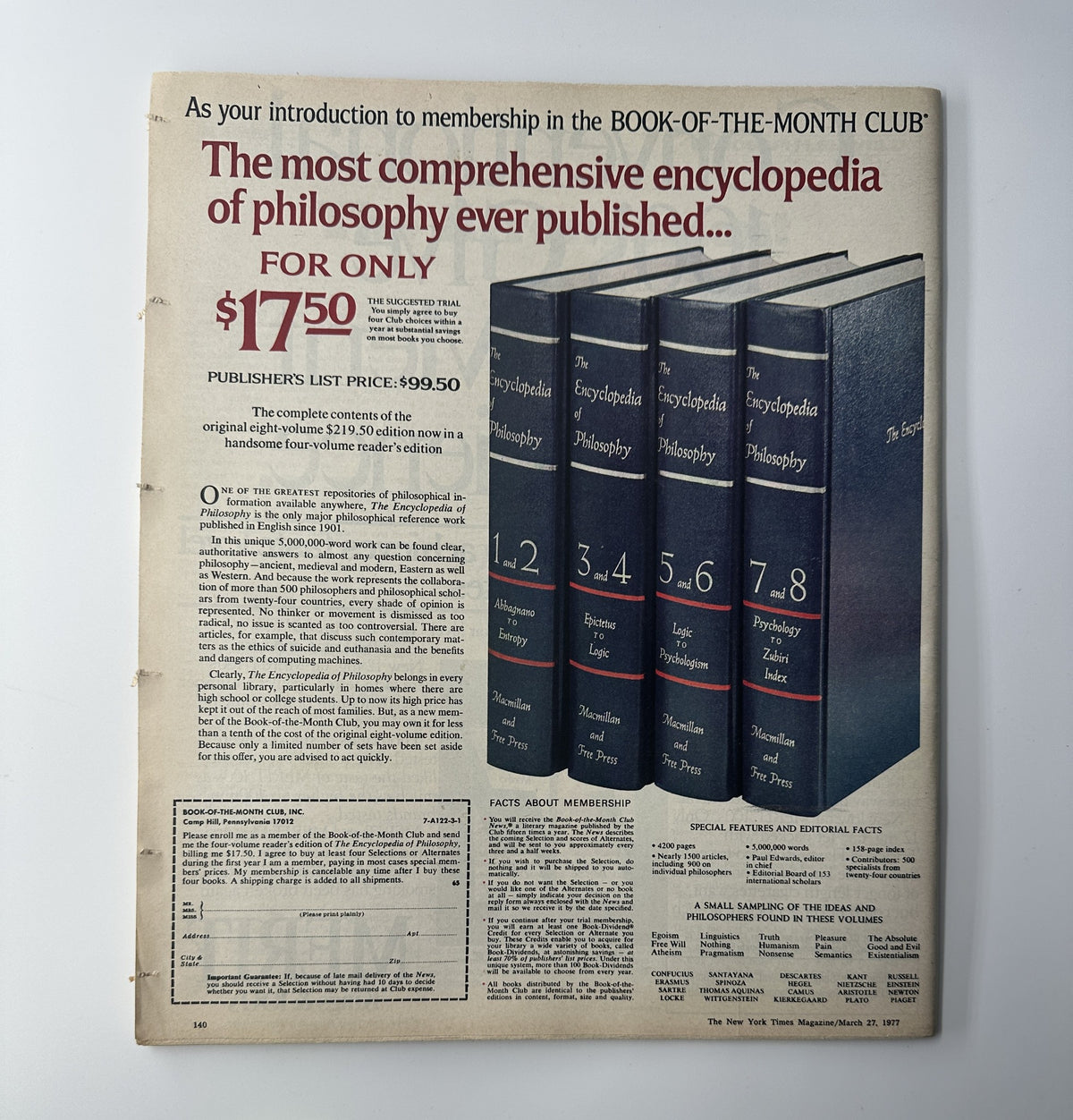The New York Times Magazine March 27, 1977 featuring an advertisement for the Book-of-the-Month Club, promoting an encyclopedia of philosophy, highlighting the price and features of the collection.