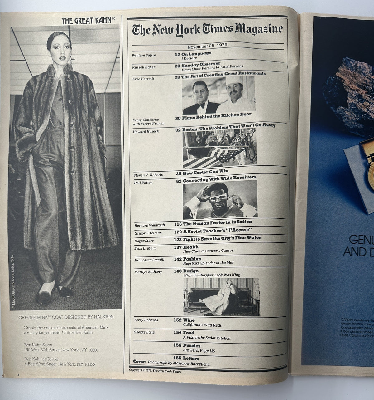 Inside spread of The New York Times Magazine from November 25, 1979, showcasing the table of contents with various articles including 'The Art of Creating Great Restaurants'.