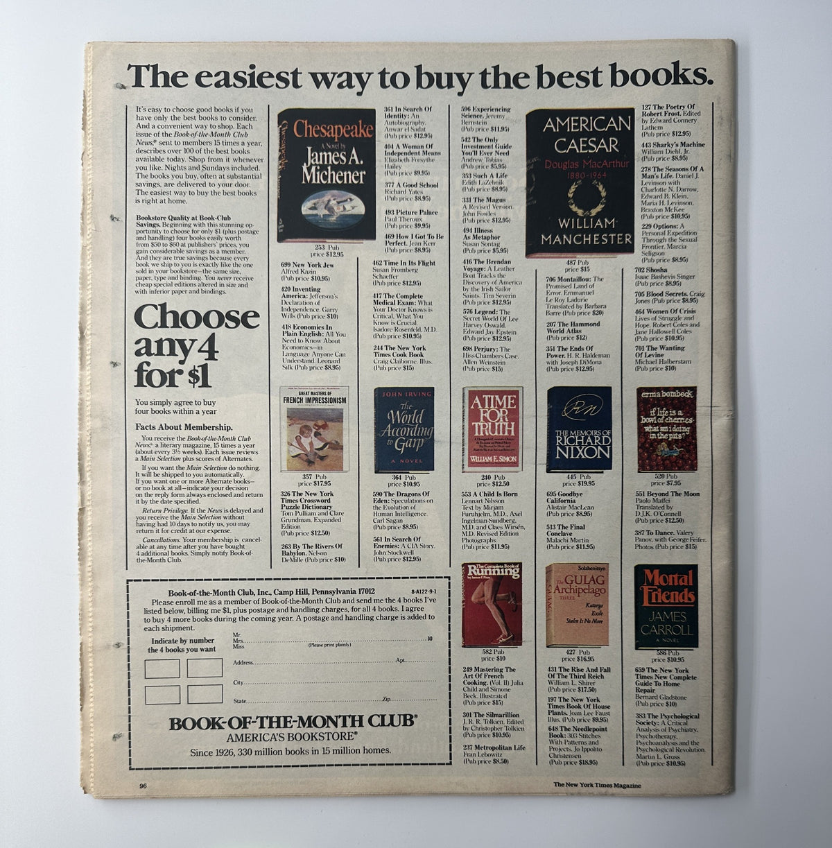 Back page of The New York Times Magazine from 1978 displaying advertisements for various books and a promotion for the Book-of-the-Month Club.