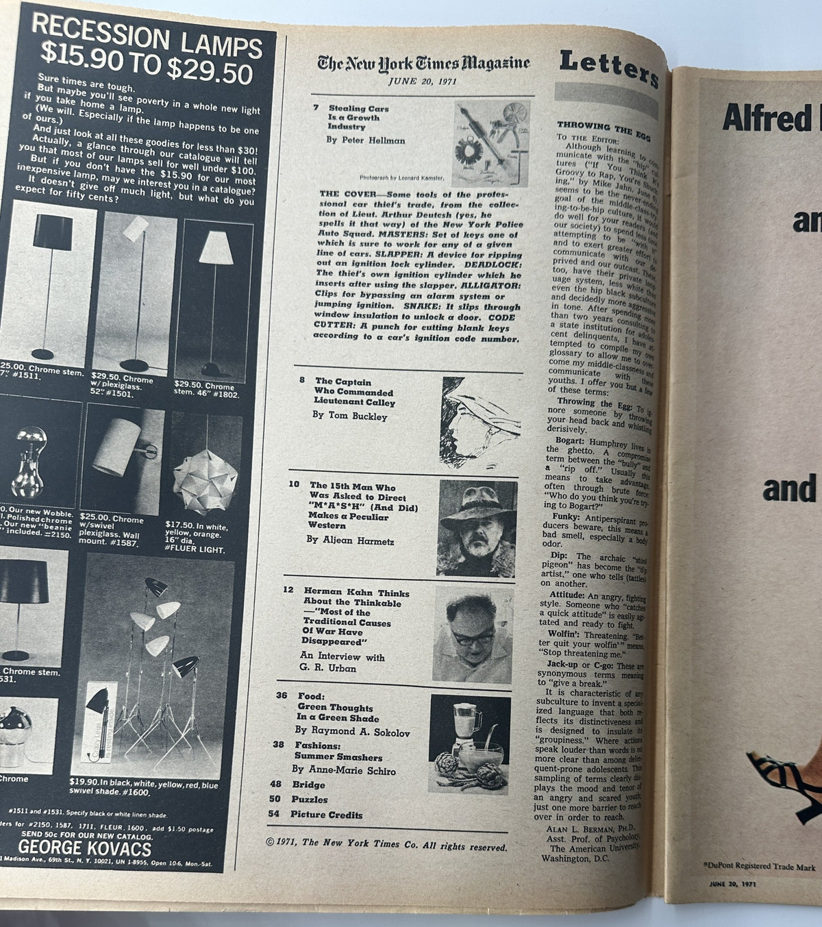 Inside page of The New York Times Magazine June 20, 1971, showcasing Table of Contents and articles by Peter Hellman and Tom Buckley.