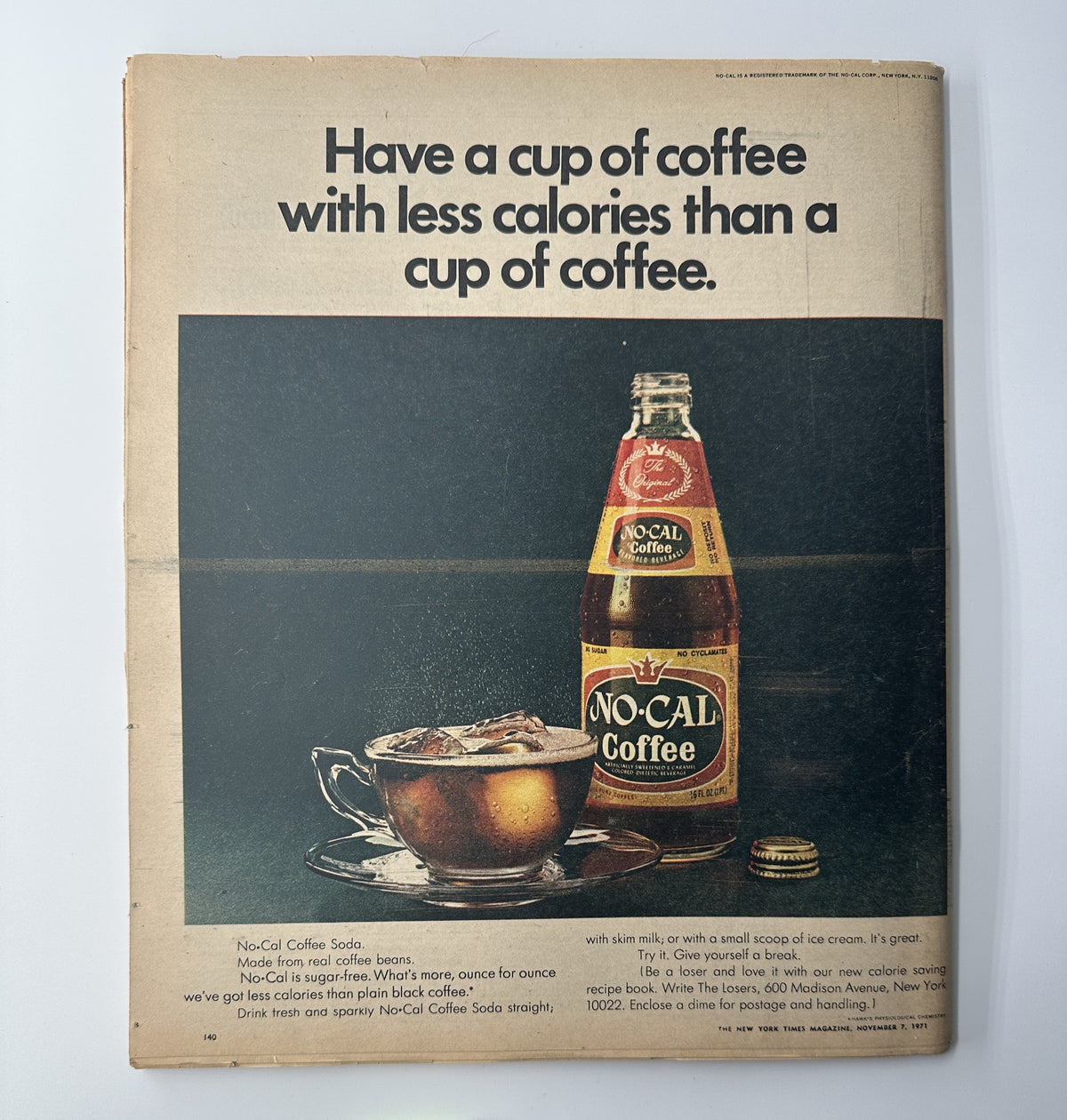 Advertisement from The New York Times Magazine November 7, 1971 promoting No-Cal Coffee, emphasizing its low-calorie benefits compared to regular coffee.