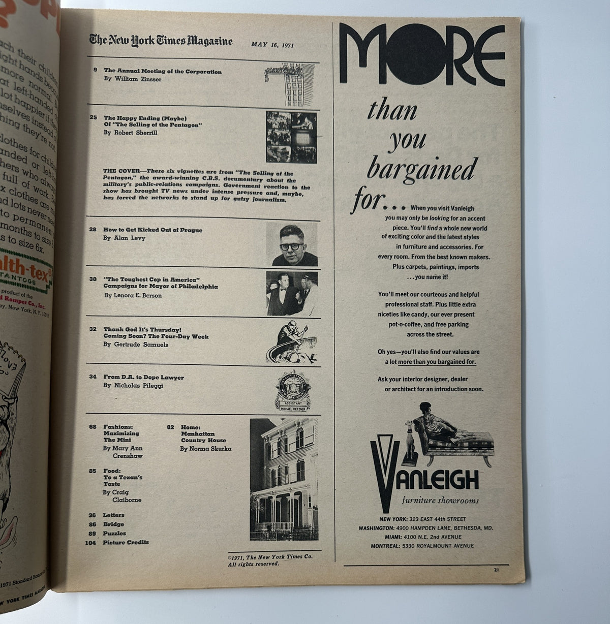Editorial page from The New York Times Magazine dated May 16, 1971, featuring the Table of Contents and articles such as 'The Annual Meeting of the Corporation' and 'The Selling of the Pentagon.' The layout includes article titles and their authors.