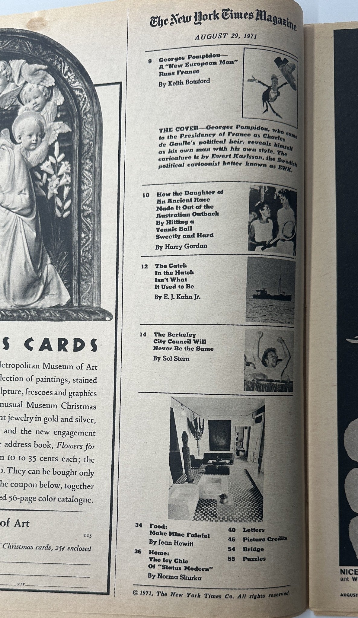 Table of Contents page from The New York Times Magazine August 29, 1971, outlining articles including 'Georges Pompidou—A New European Man Runs France' by Keith Botsford.