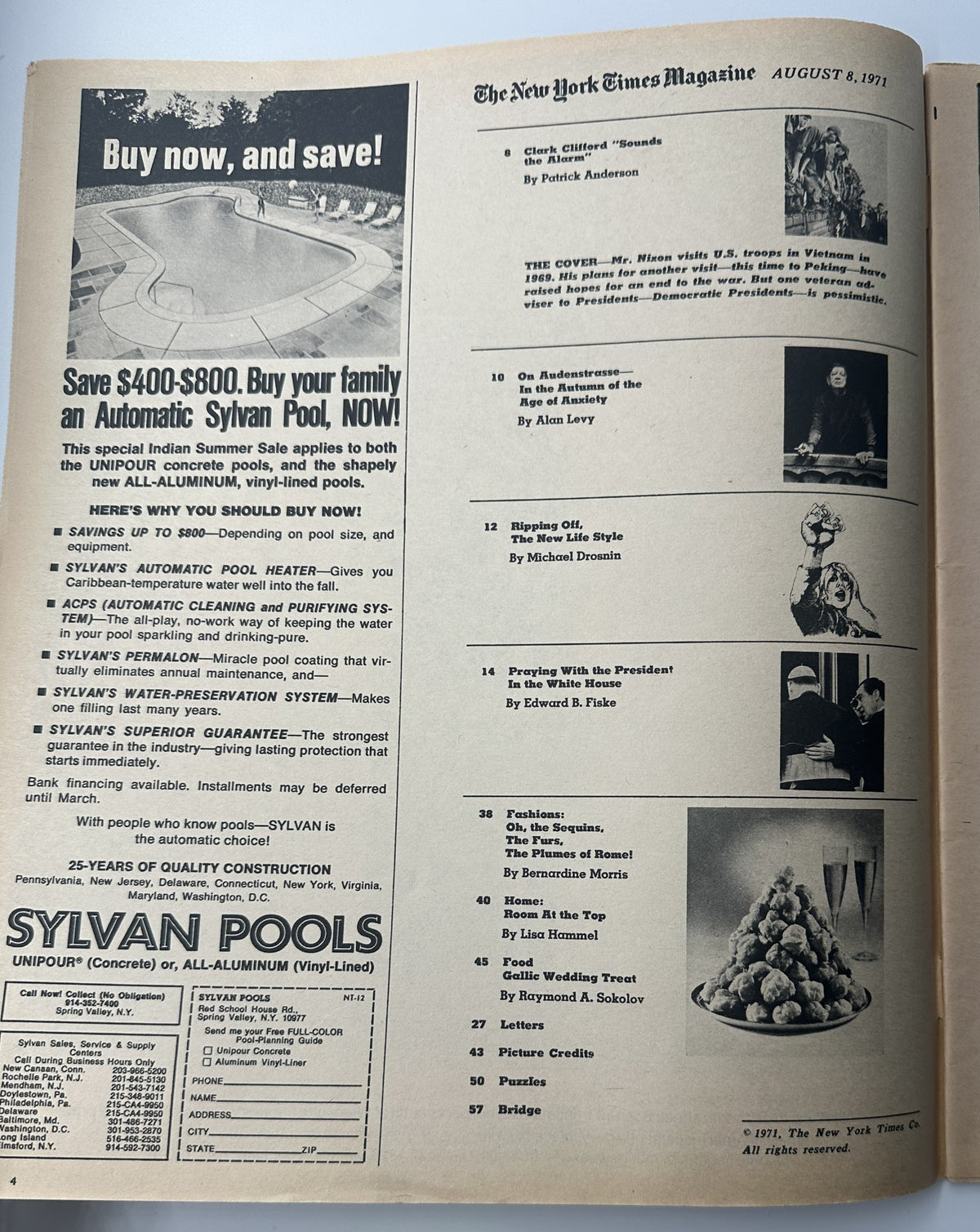 Inside page of The New York Times Magazine August 8, 1971, displaying advertisements including a special offer for an Automatic Sylvan Pool, and highlighting the contents of the issue.