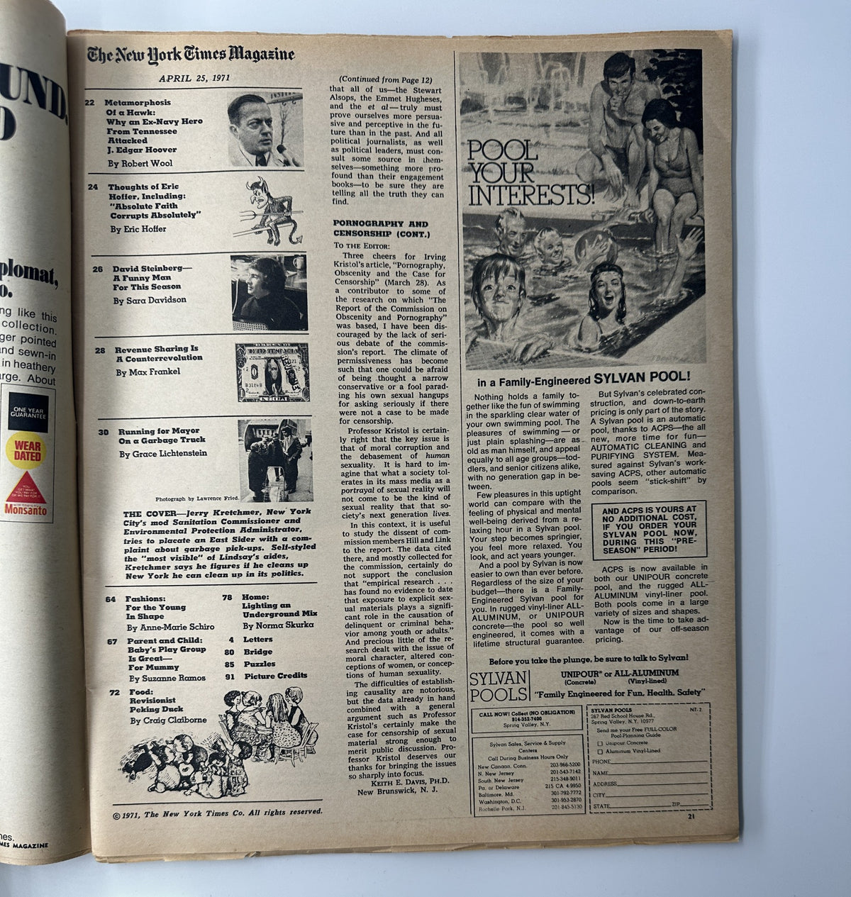 Table of Contents page from The New York Times Magazine April 25, 1971, showcasing articles including 'Kretchmer Running for Mayor on a Garbage Truck'.