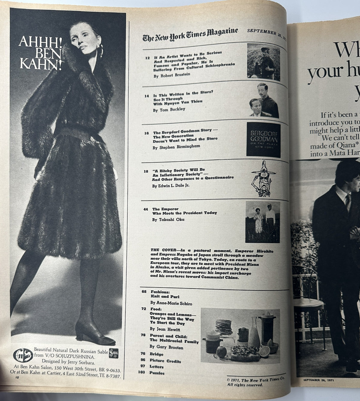 The New York Times Magazine September 26, 1971 cover featuring a woman in a fur coat with a stylish expression, showcasing the magazine's Table of Contents highlighting articles including Emperor Hirohito and cultural reflections.