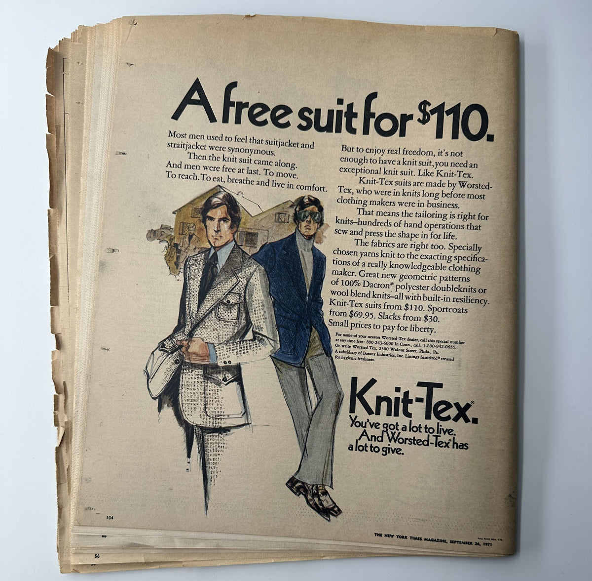 An advertisement from The New York Times Magazine September 26, 1971 for Knit-Tex featuring a stylish drawing of men in suits, promoting a special offer of a free suit for $110.