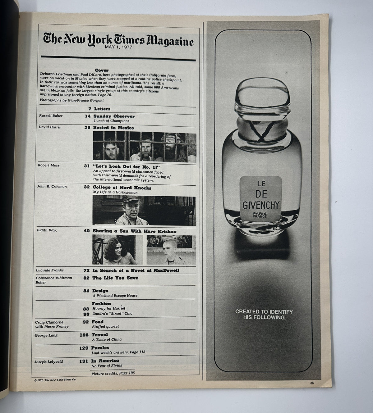 Interior page of The New York Times Magazine from May 1, 1977, displaying the Table of Contents. The page features details from the issue including the cover story 'Busted in Mexico,' along with other articles and advertisements.