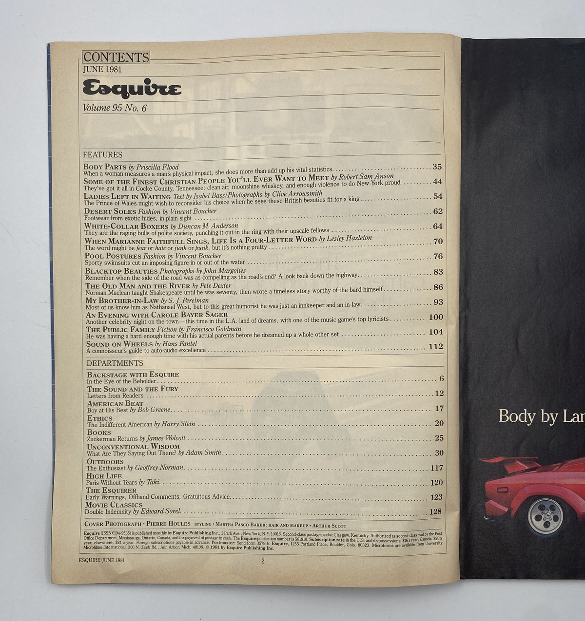 Table of Contents from Esquire Magazine June 1981 displaying features and articles including 'Body Parts' by Priscilla Flood, 'Some of the Finest Christian People You'll Ever Want to Meet,' and more.