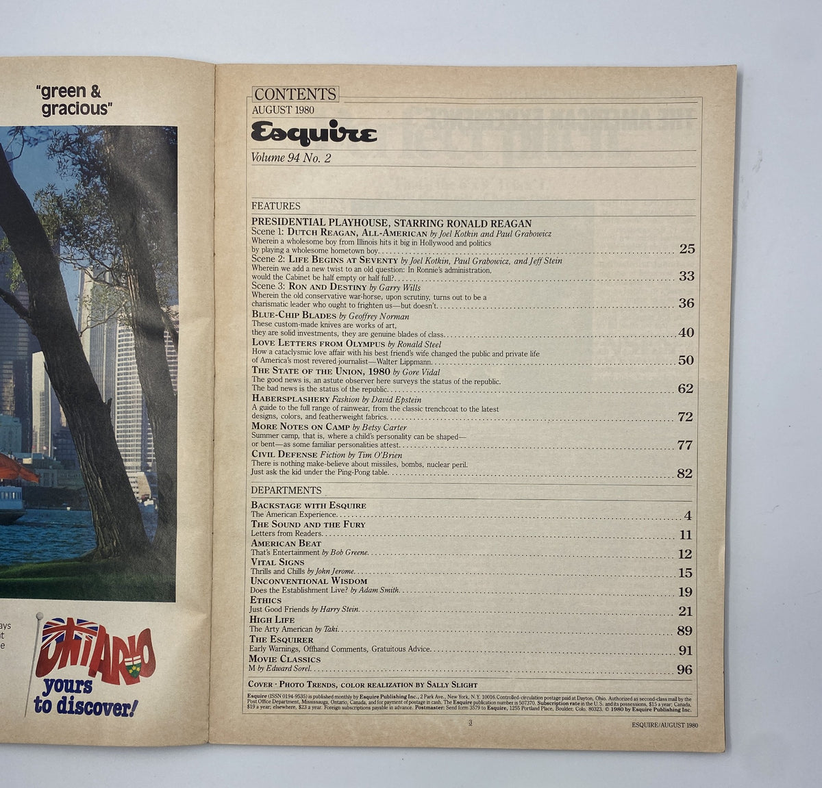 Table of Contents for Esquire Magazine August 1980, detailing features including 'Presidential Playhouse, Starring Ronald Reagan' and the article 'State of the Union' by Gore Vidal.