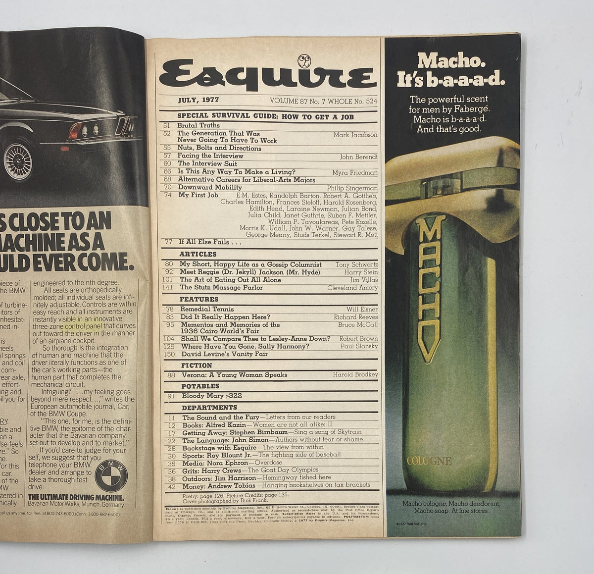 Inside page of Esquire Magazine July 1977 showcasing the Table of Contents, emphasizing the 'Special Survival Guide: How to Get a Job', along with featured articles and departments from the issue.