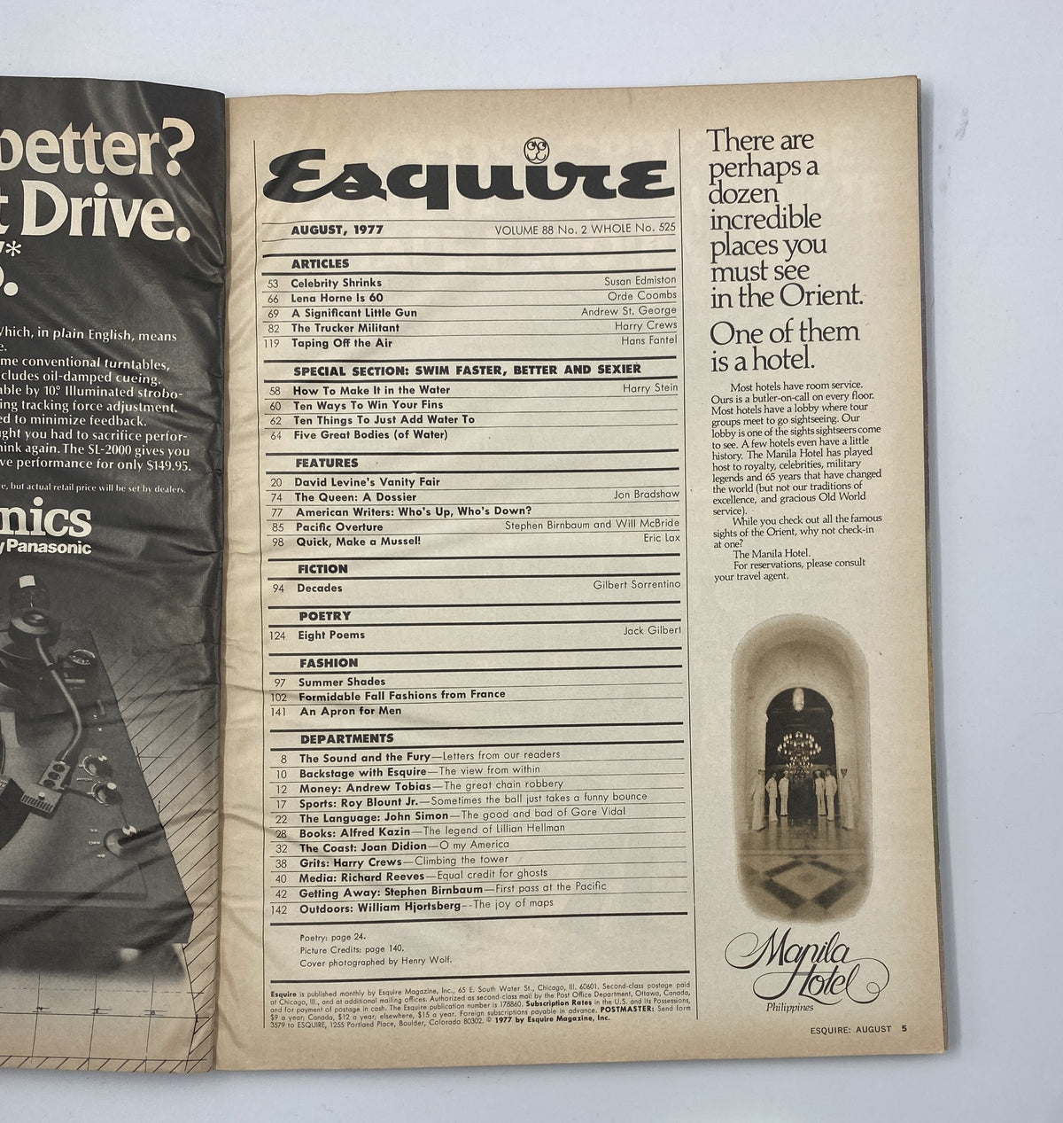 Interior page of Esquire Magazine from August 1977 displaying the table of contents and articles, including sections on swim, features, and fashion.